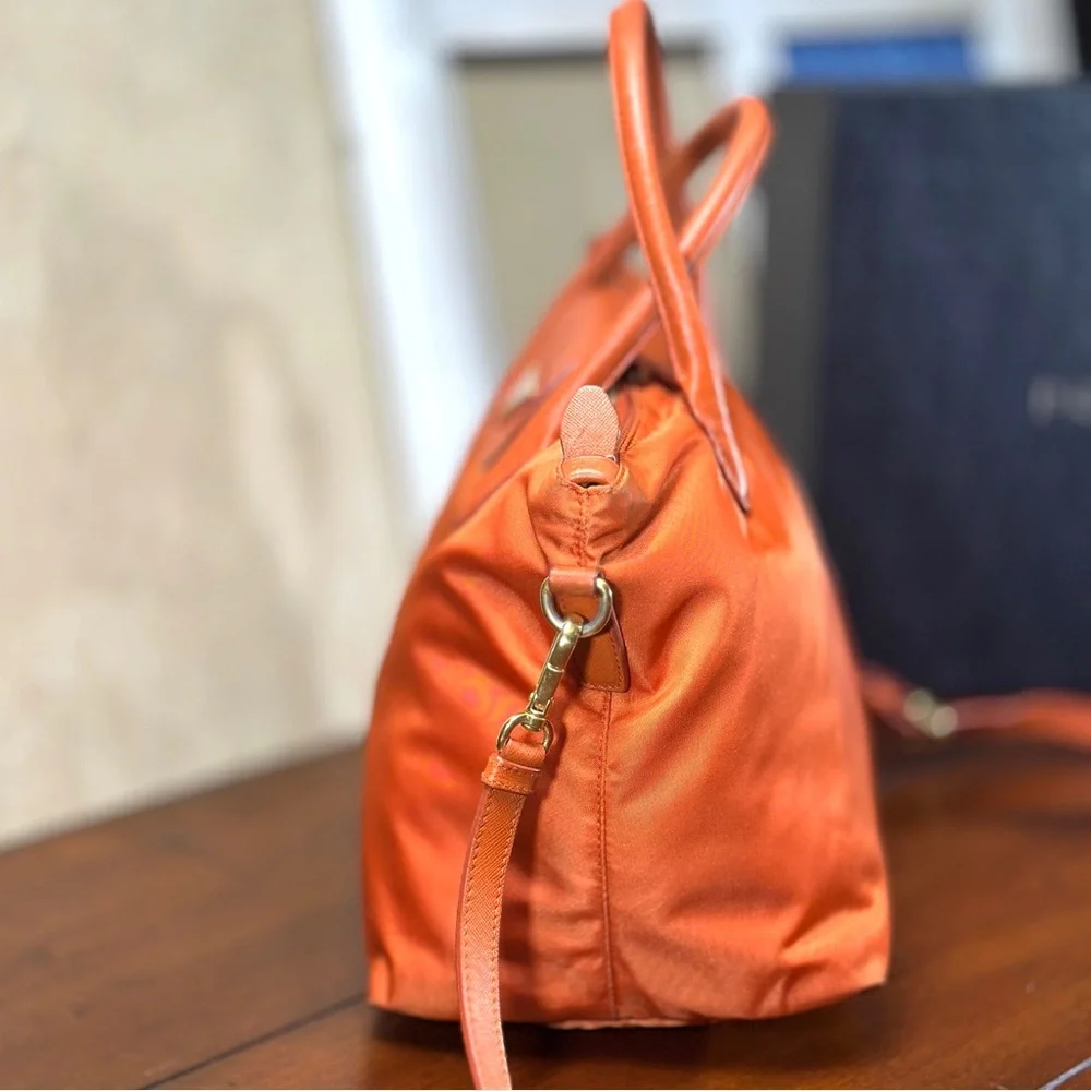 AUTHENTIC Prada Tessuto Nylon Saffiano Tote. Color: Papaya. - Picture 3 of 15